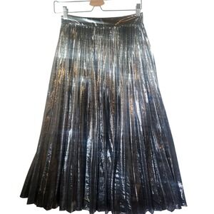 Metallic Silver Pleated Midi Skirt High Waisted Shimmer Accordion Party Glam